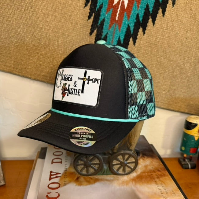 HHH Patch Ball Cap- Black & Turquoise Plaid